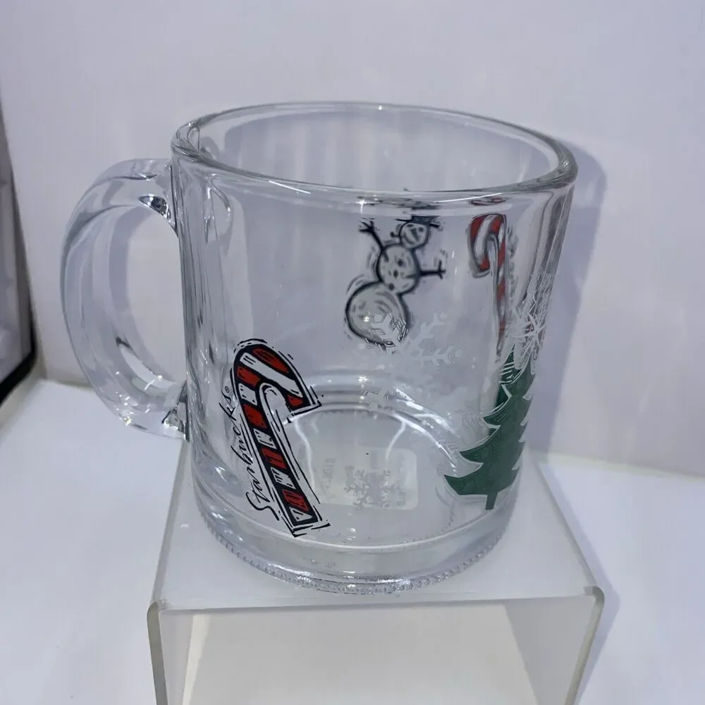Starbucks Candy Cane Christmas Tree Winter Snowflake Clear Glass Coffee Cup 12oz